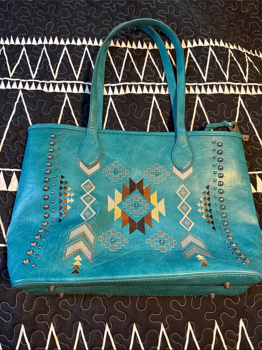 Montana West Turquoise Aztec Embroidered Tote with Stud Accents